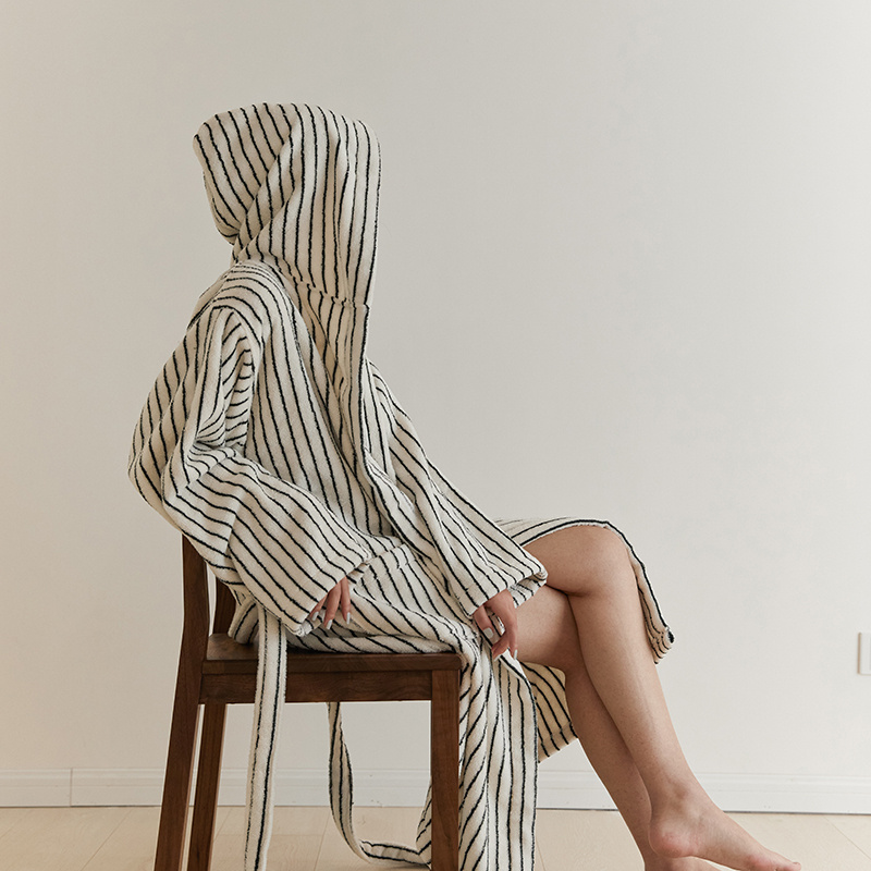 Luxurious Fine-Striped Cotton Yarn Dyed Bathrobe - Soft, Absorbent, and Elegant